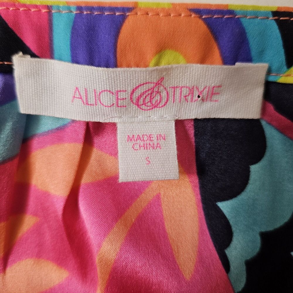 Alice Trixie Dress S 100% Silk Multicolor Abstract Tie Waist Mini‎ Boho Coastal - Picture 3 of 13